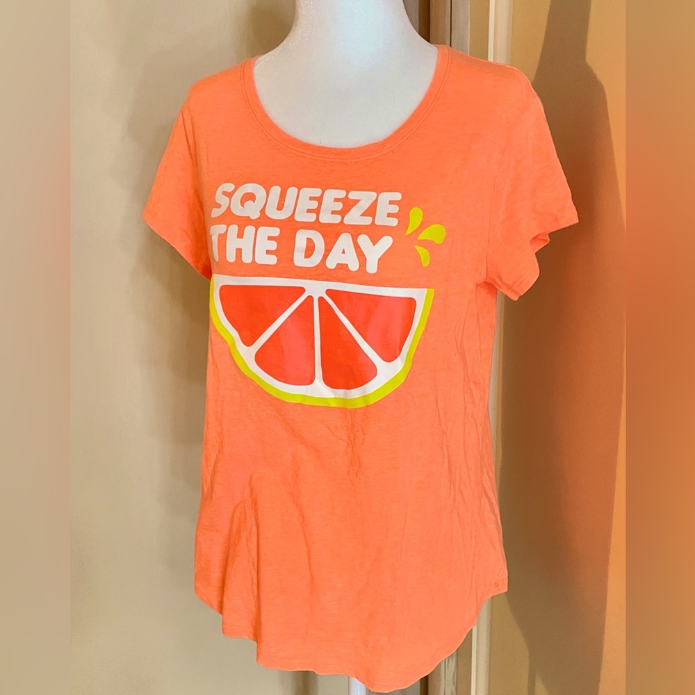 Justice super soft t-shirt orange slice summer neon Squeeze The Day Juniors L